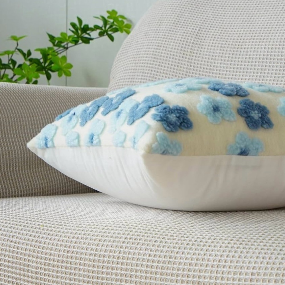 Throw Pillow Cover 16x16 Floral Faux Fur Plush NEW Blue Boho Modern Cottage - Picture 2 of 3